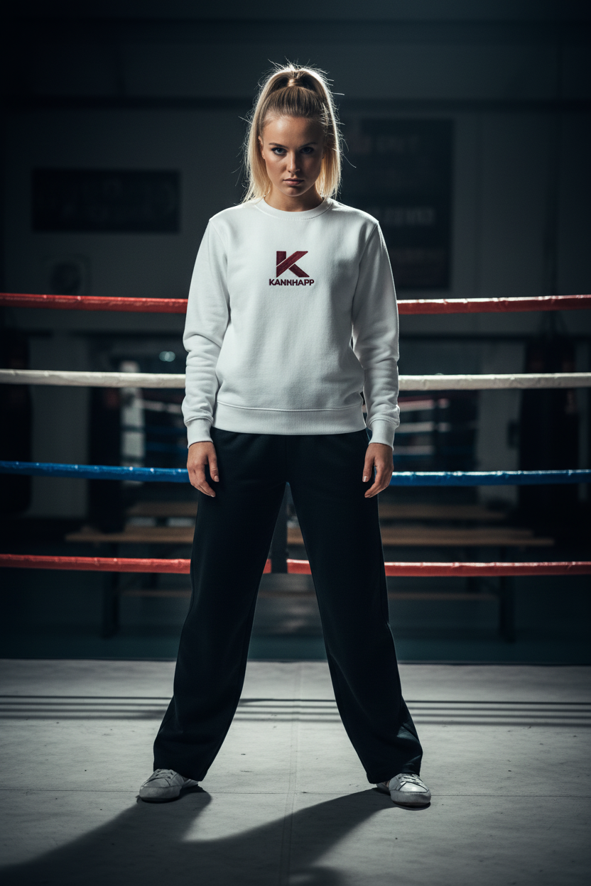 Crewneck KANNHAPP blanc femme caucasienne blonde ring de boxe