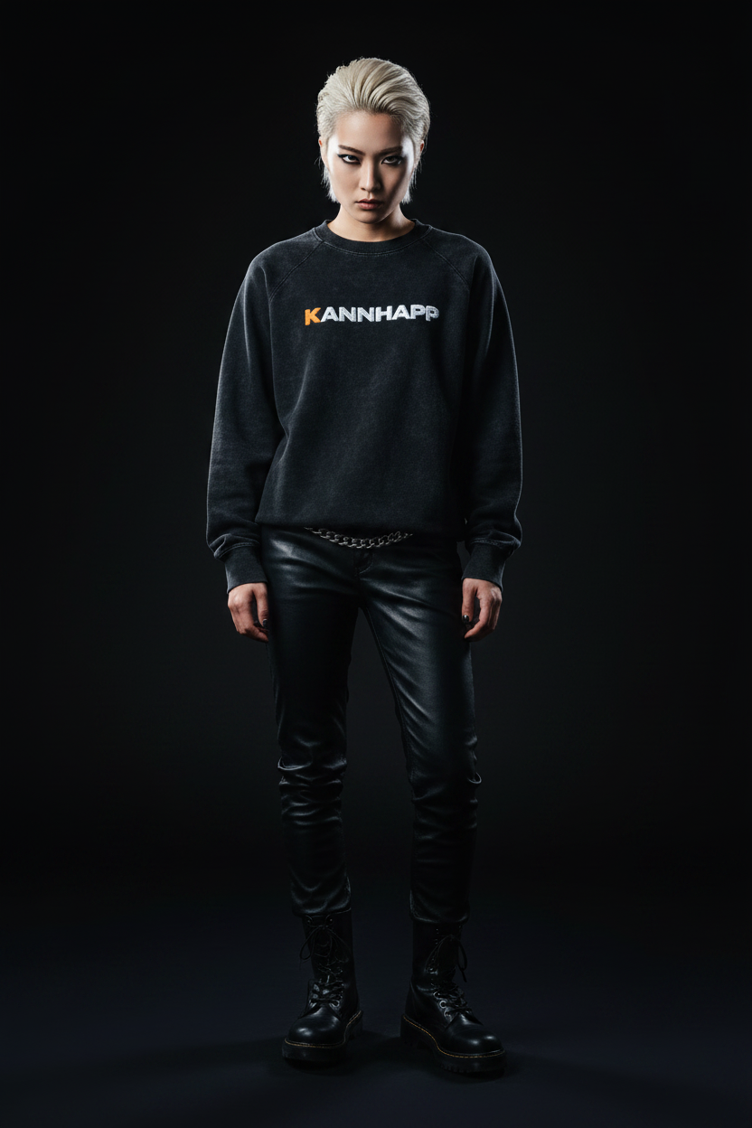 Crewneck KANNHAPP vintage black washed studio tenue cuir