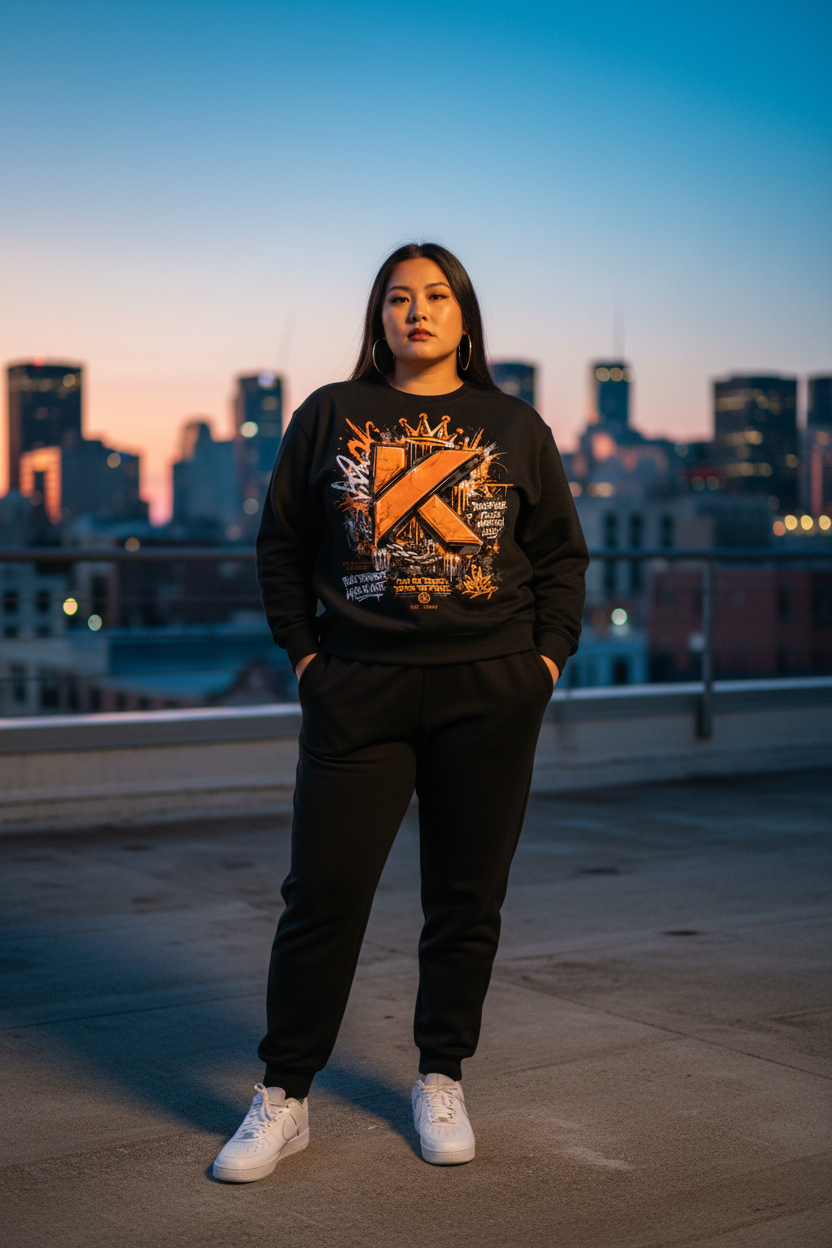 Femme Asiatique curvy - crewneck noir - rooftop