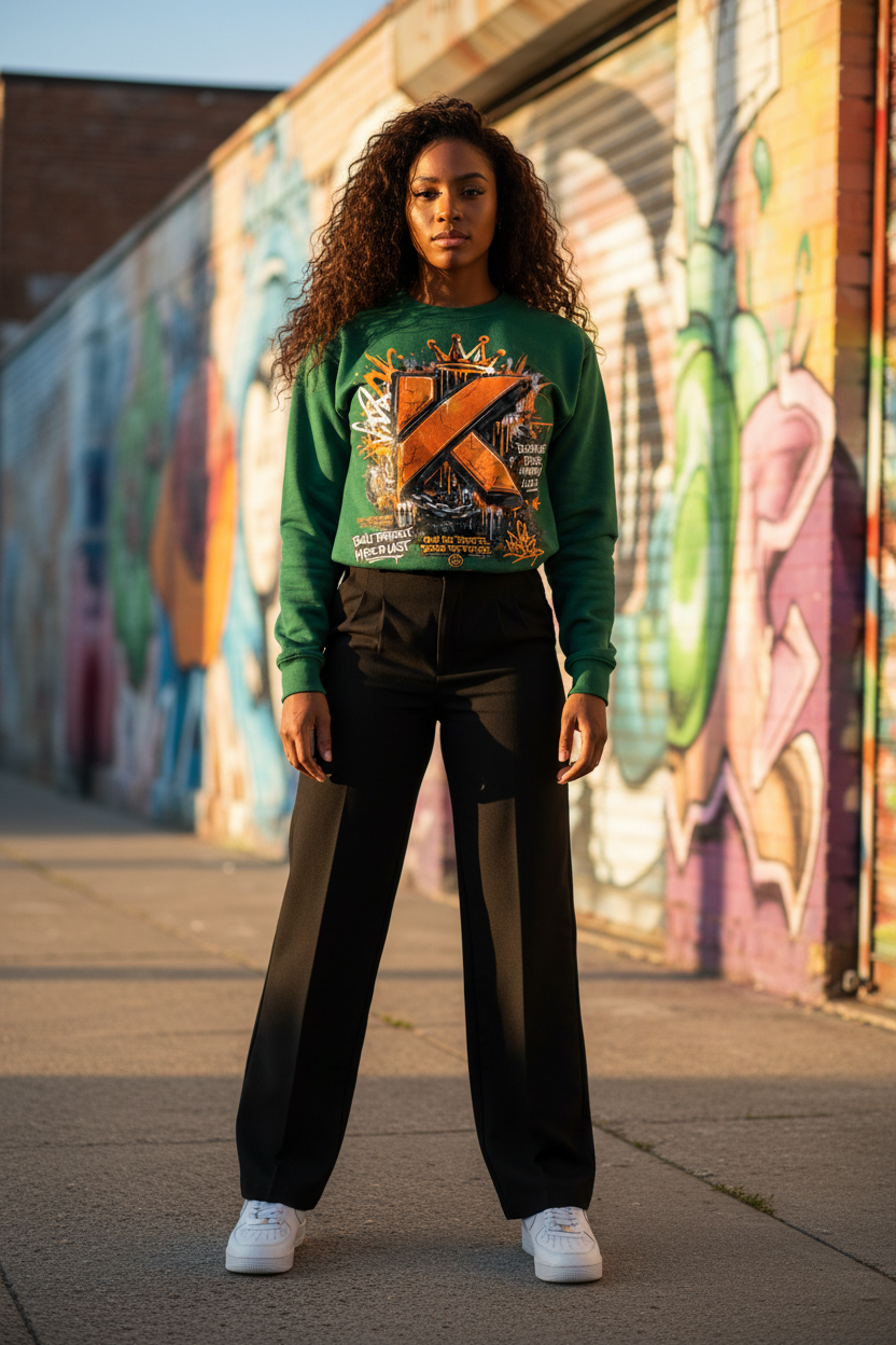 Femme Black bouclée - Forest Green - mural urbain