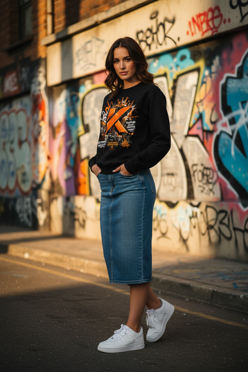 Femme caucasienne brune - crewneck noir - street urbain
