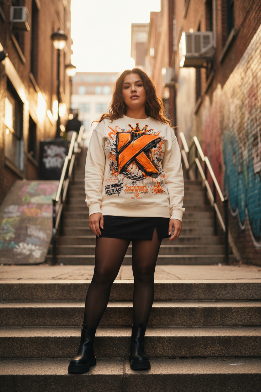 Femme métisse brune - crewneck Bone - escaliers urbains