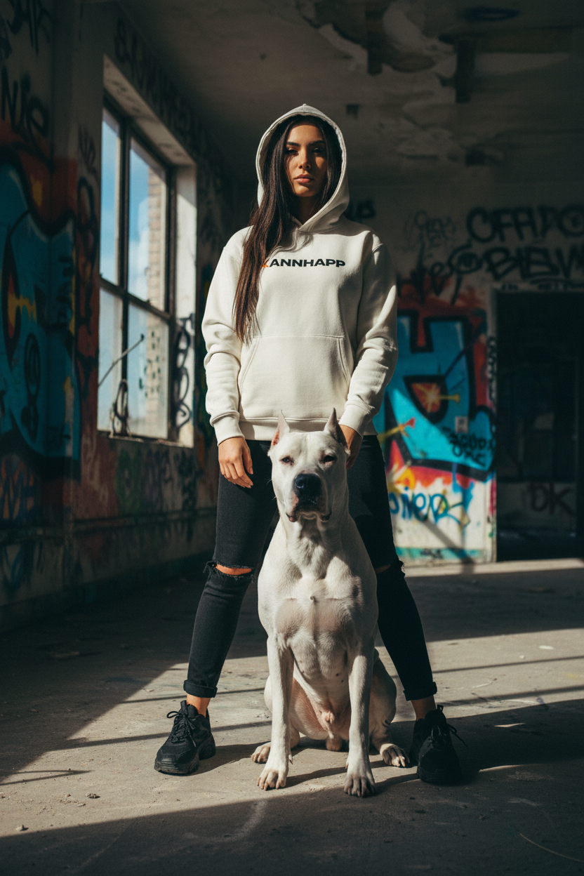 Fille et dogo argentin appartement graffiti