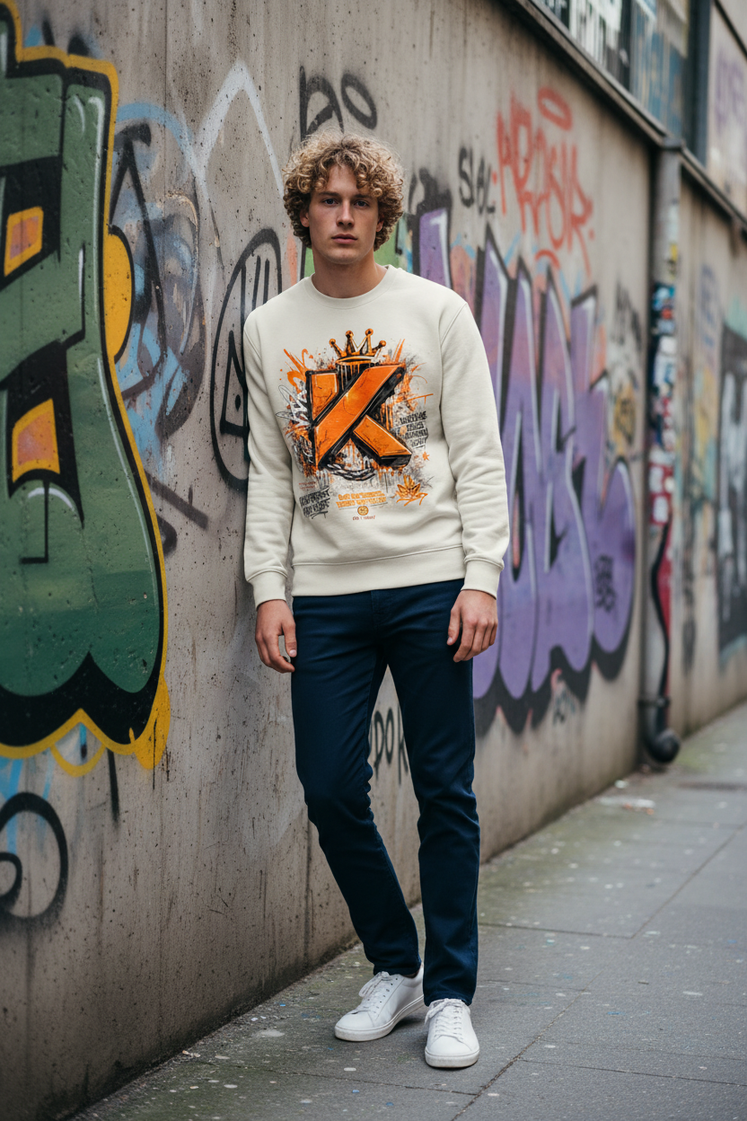 Homme blond caucasien - crewneck Bone - mur street art
